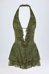Ruffled Plunge Halterneck Playsuit in Green Print